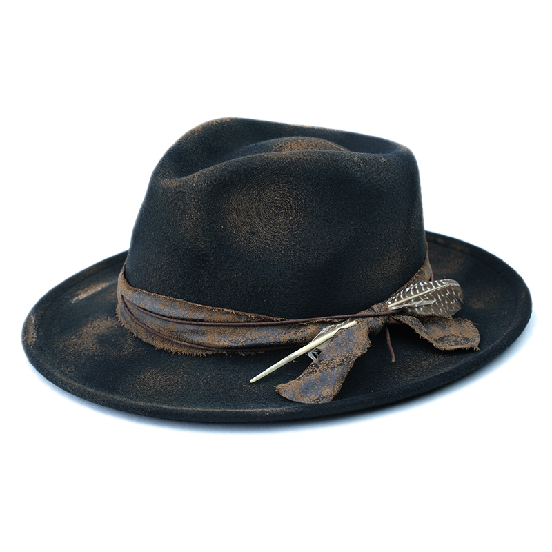 Fedora Hat Wool - Original Painted Fire Retro Feather Decor